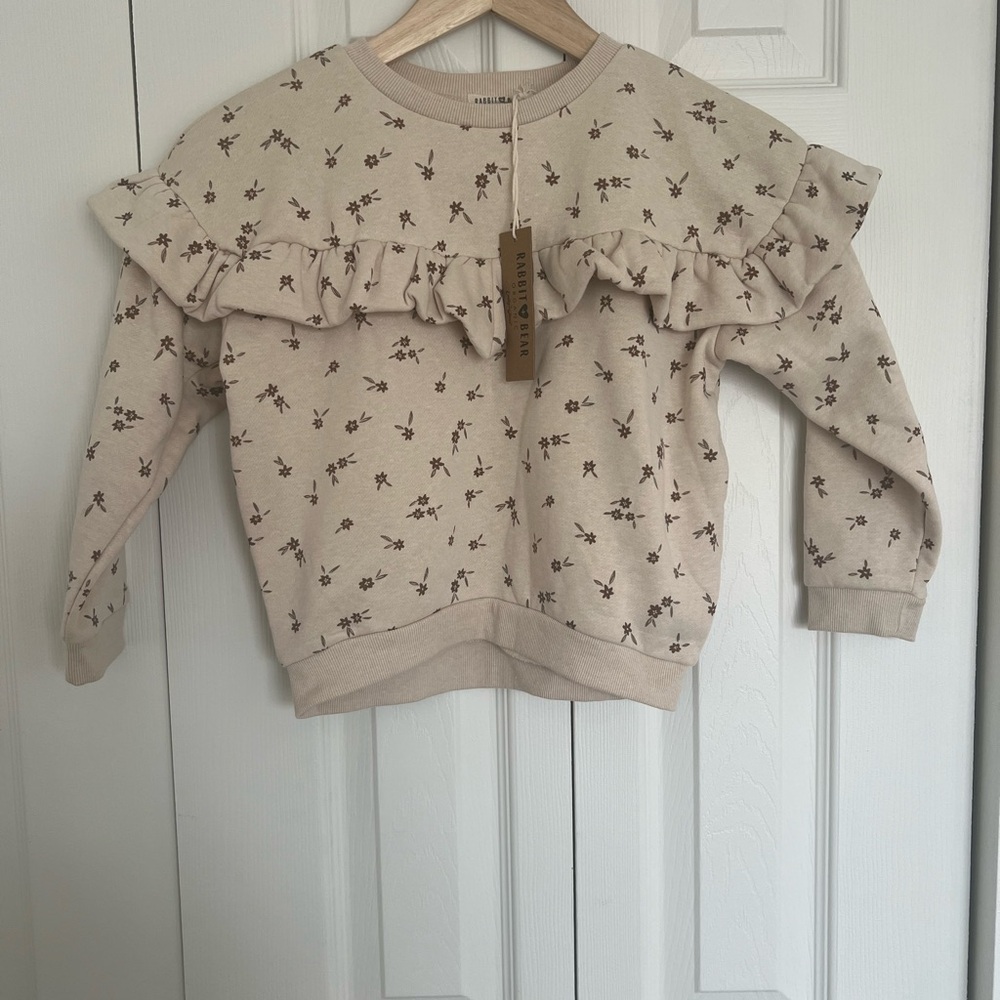 Rabbit Bear Floral Ruffle Kids Top - Cream  size 5 100% organic cotton